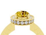 Yellow gold Oval Cut Halo Diamond Engagement Ring with Milgrain Pave Band and Four-Prong Setting_4