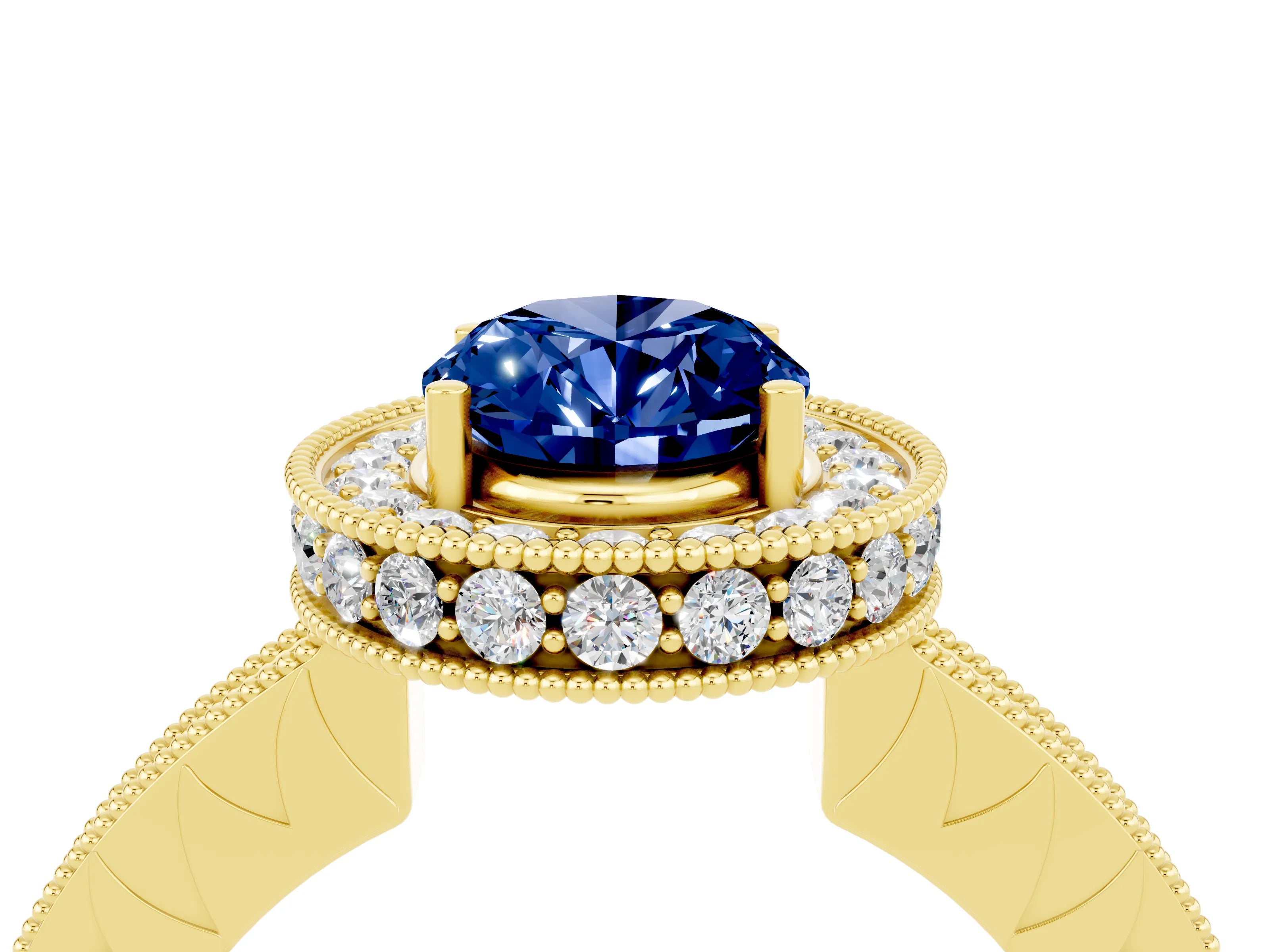 Yellow gold Oval Cut Halo Diamond Engagement Ring with Milgrain Pave Band and Four-Prong Setting_4