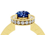 Yellow gold Oval Cut Halo Diamond Engagement Ring with Milgrain Pave Band and Four-Prong Setting_4