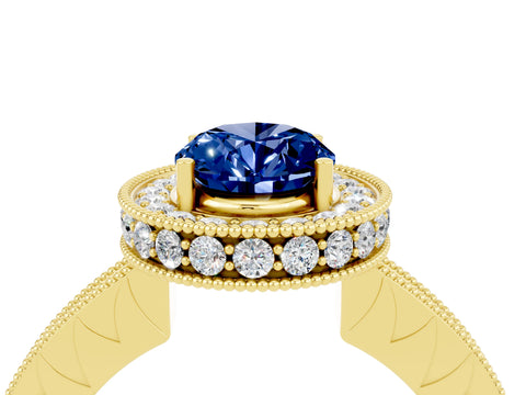 Yellow gold Oval Cut Halo Diamond Engagement Ring with Milgrain Pave Band and Four-Prong Setting_4