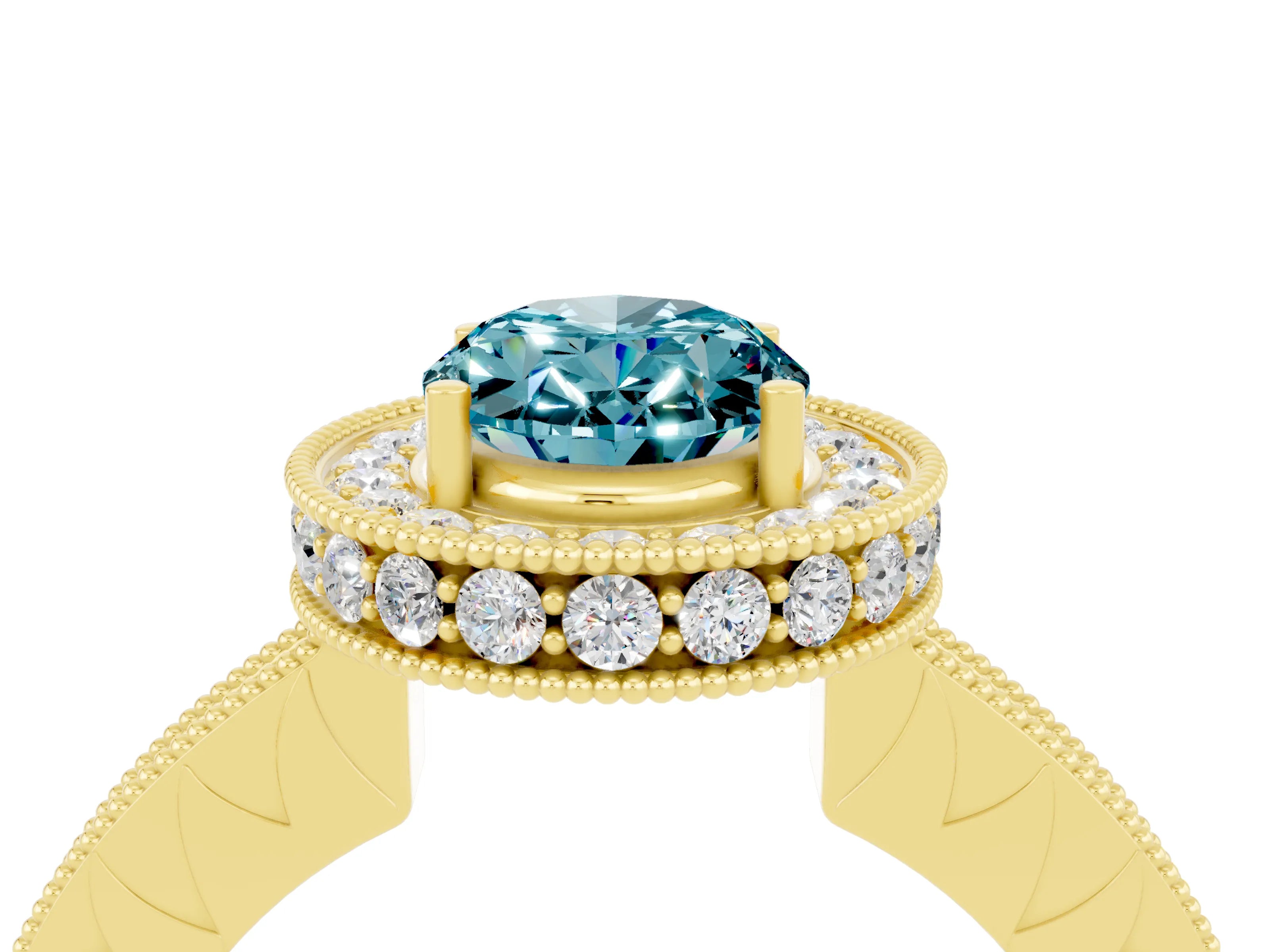 Yellow gold Oval Cut Halo Diamond Engagement Ring with Milgrain Pave Band and Four-Prong Setting_4