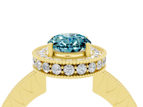 Yellow gold Oval Cut Halo Diamond Engagement Ring with Milgrain Pave Band and Four-Prong Setting_4