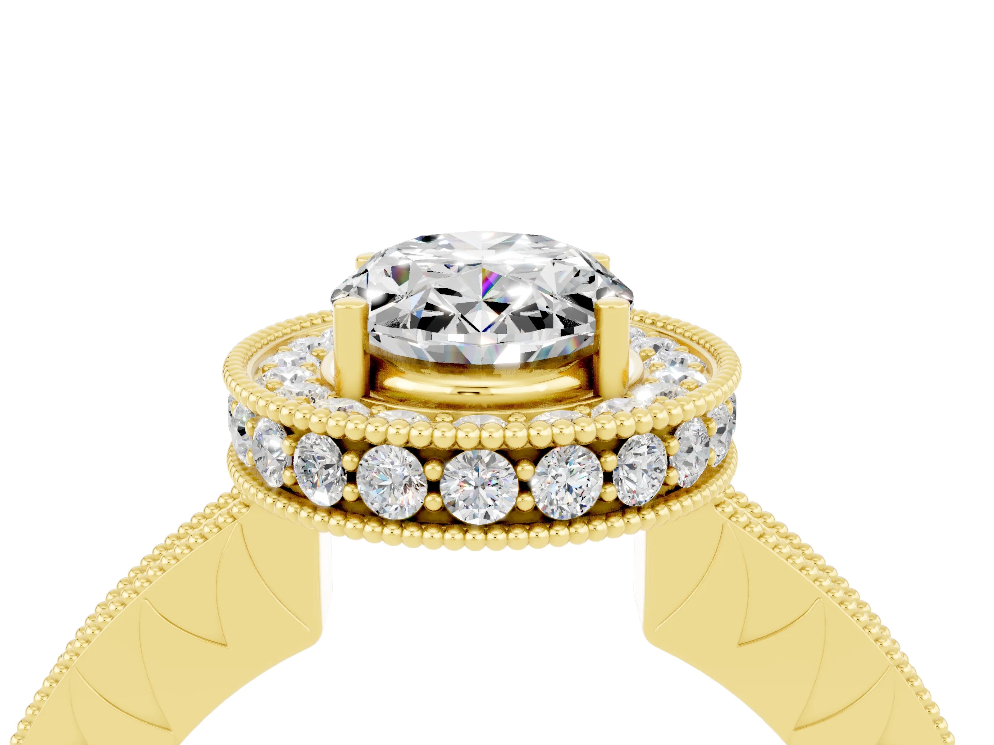 Yellow gold Oval Cut Halo Diamond Engagement Ring with Milgrain Pave Band and Four-Prong Setting_4