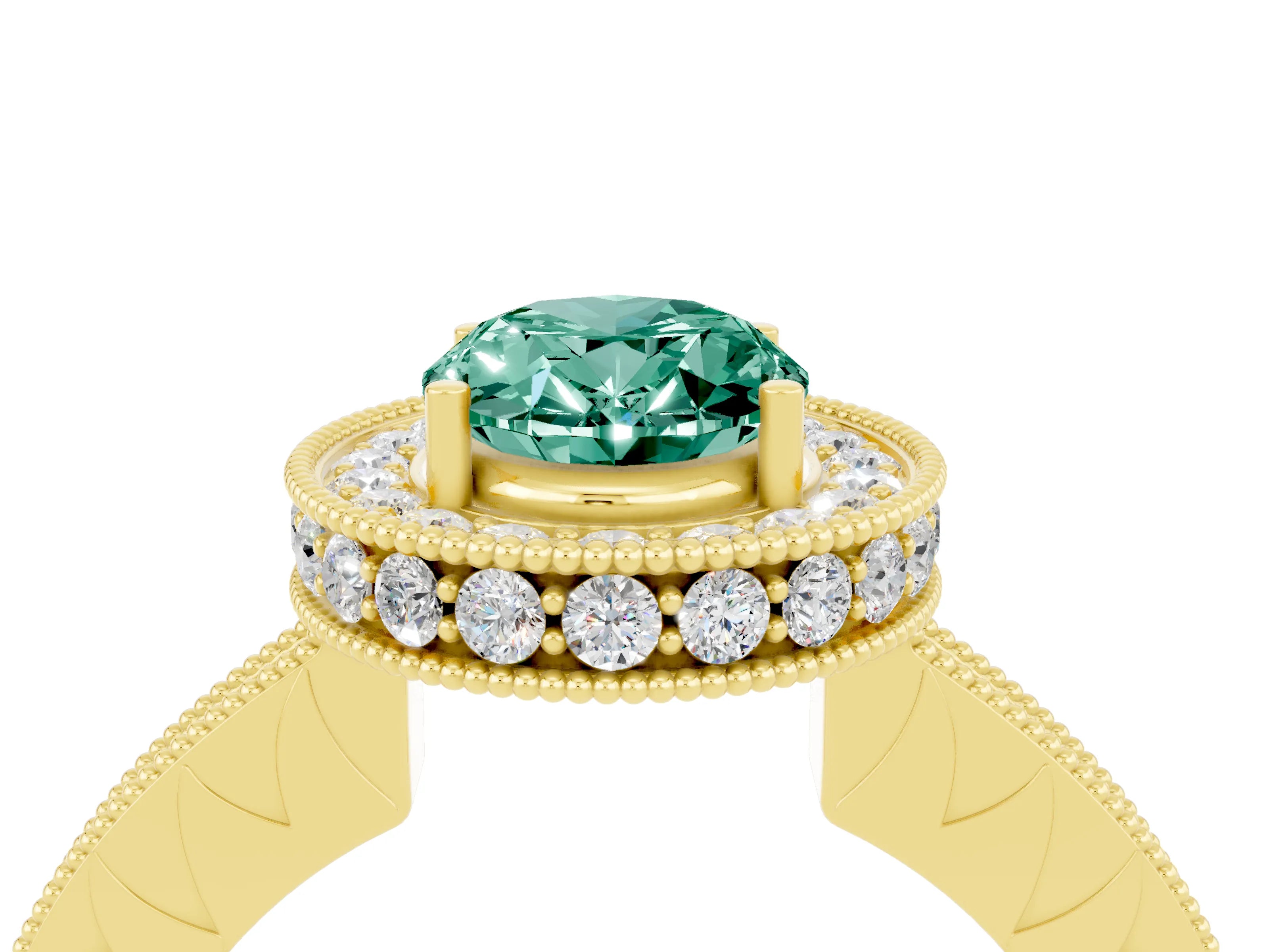 Yellow gold Oval Cut Halo Diamond Engagement Ring with Milgrain Pave Band and Four-Prong Setting_4