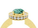 Yellow gold Oval Cut Halo Diamond Engagement Ring with Milgrain Pave Band and Four-Prong Setting_4