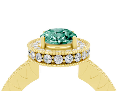 Yellow gold Oval Cut Halo Diamond Engagement Ring with Milgrain Pave Band and Four-Prong Setting_4