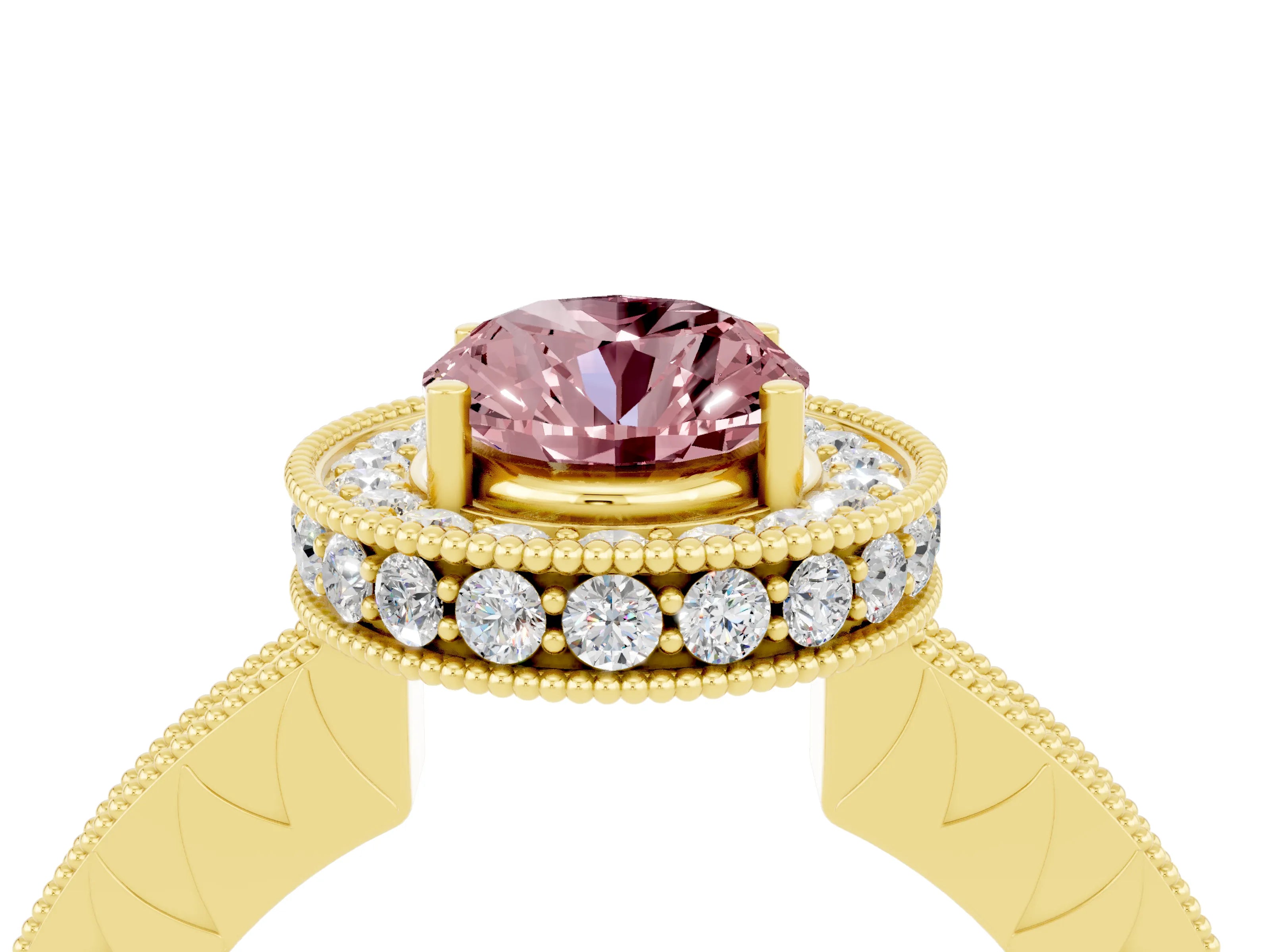 Yellow gold Oval Cut Halo Diamond Engagement Ring with Milgrain Pave Band and Four-Prong Setting_4