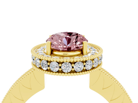 Yellow gold Oval Cut Halo Diamond Engagement Ring with Milgrain Pave Band and Four-Prong Setting_4