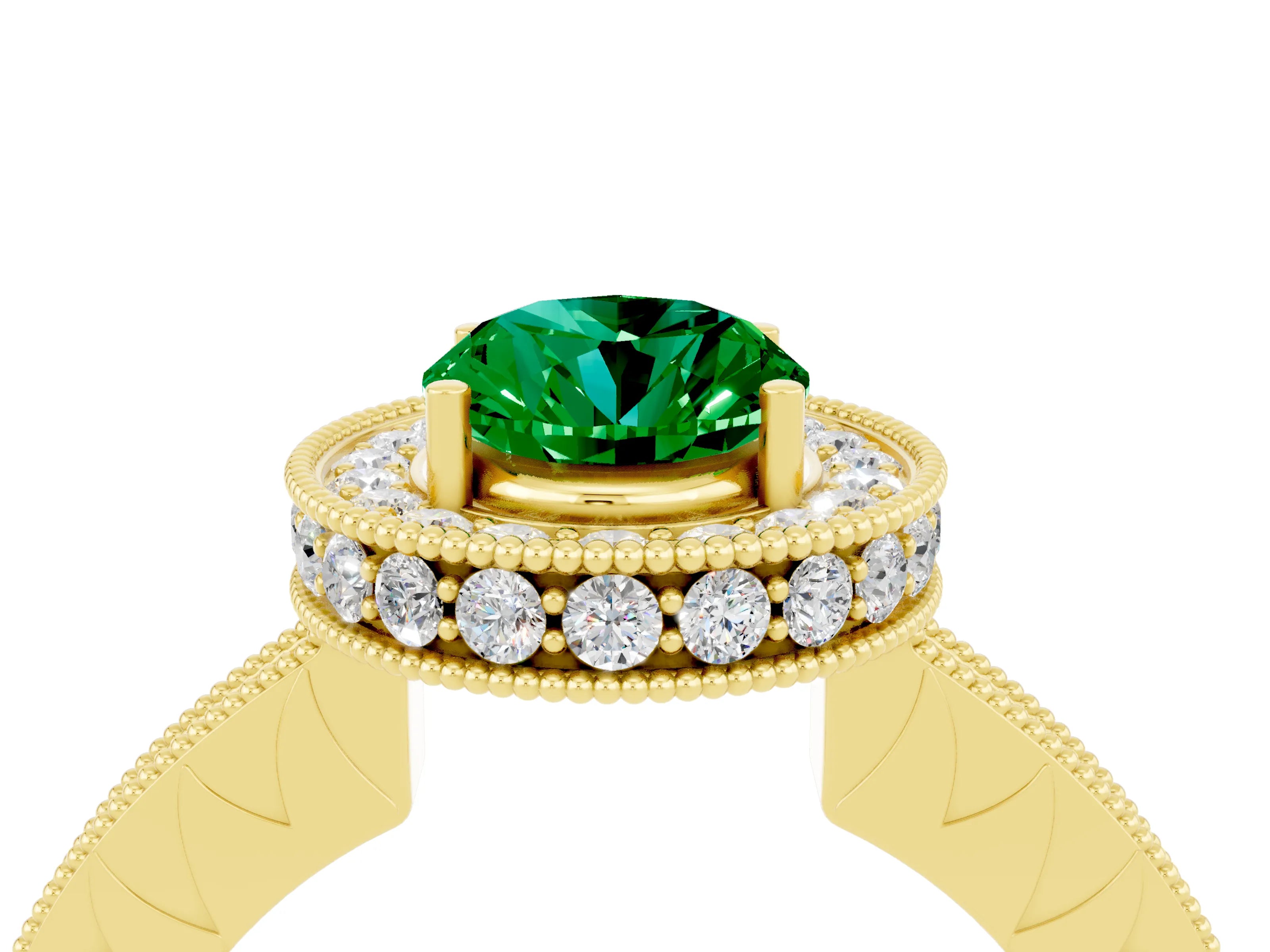 Yellow gold Oval Cut Halo Diamond Engagement Ring with Milgrain Pave Band and Four-Prong Setting_4
