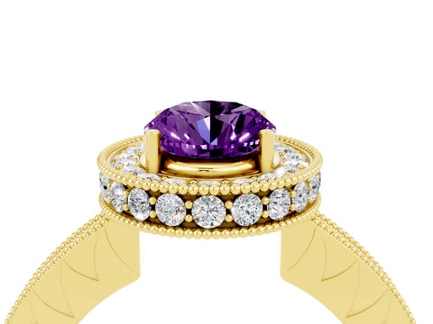 Yellow gold Oval Cut Halo Diamond Engagement Ring with Milgrain Pave Band and Four-Prong Setting_4