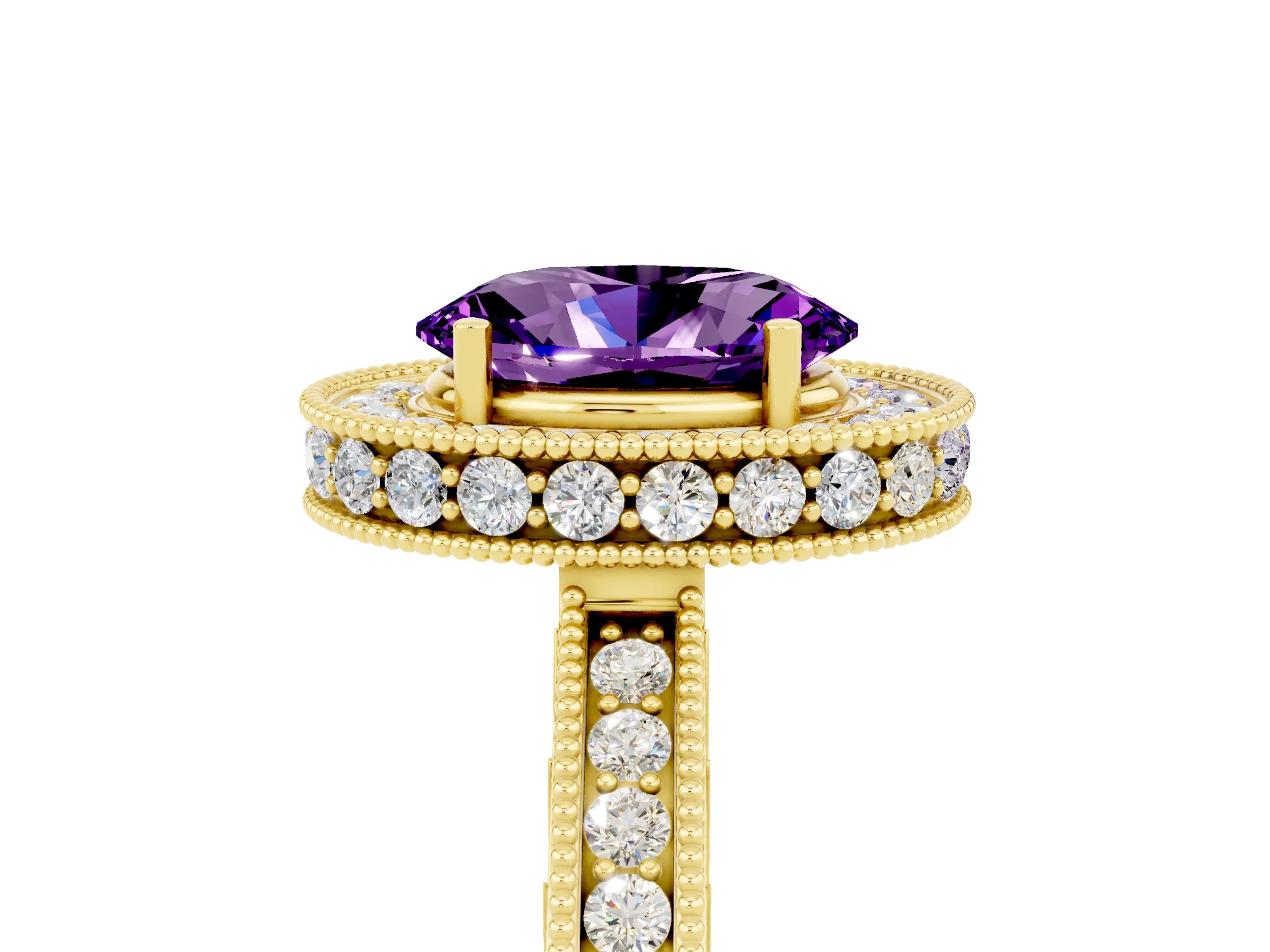 Yellow gold Oval Cut Halo Diamond Engagement Ring with Milgrain Pave Band and Four-Prong Setting_5