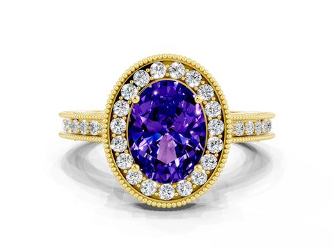 Yellow gold Oval Cut Halo Diamond Engagement Ring with Milgrain Pave Band and Four-Prong Setting