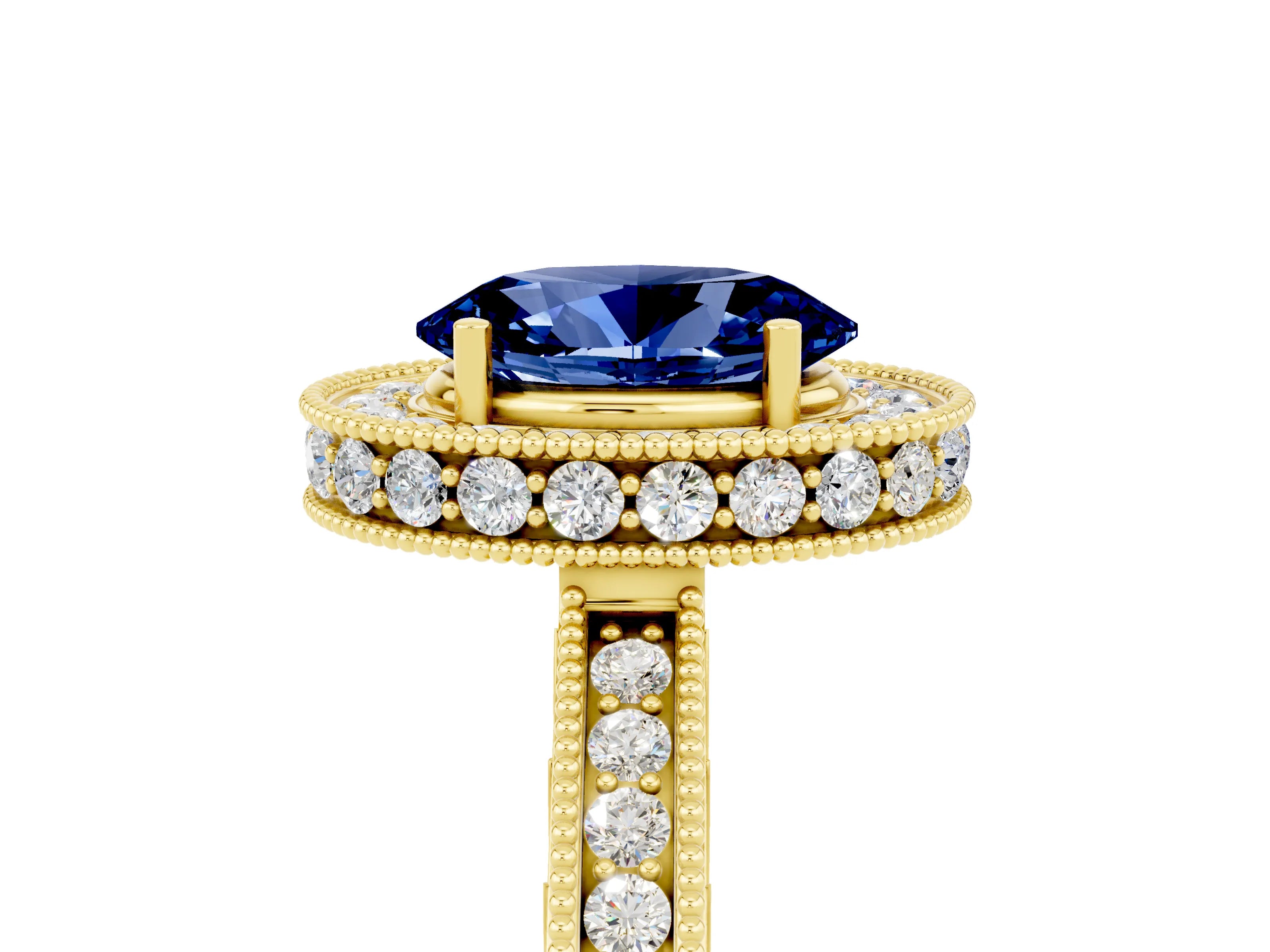 Yellow gold Oval Cut Halo Diamond Engagement Ring with Milgrain Pave Band and Four-Prong Setting_5
