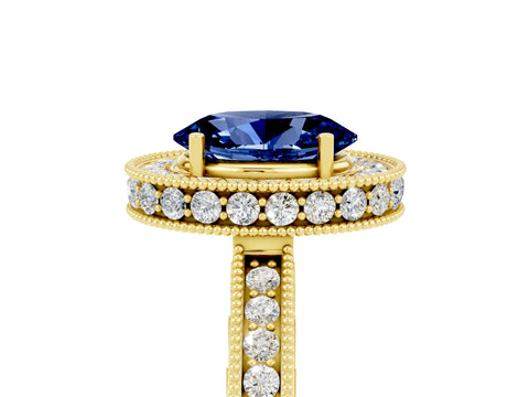 Yellow gold Oval Cut Halo Diamond Engagement Ring with Milgrain Pave Band and Four-Prong Setting_5