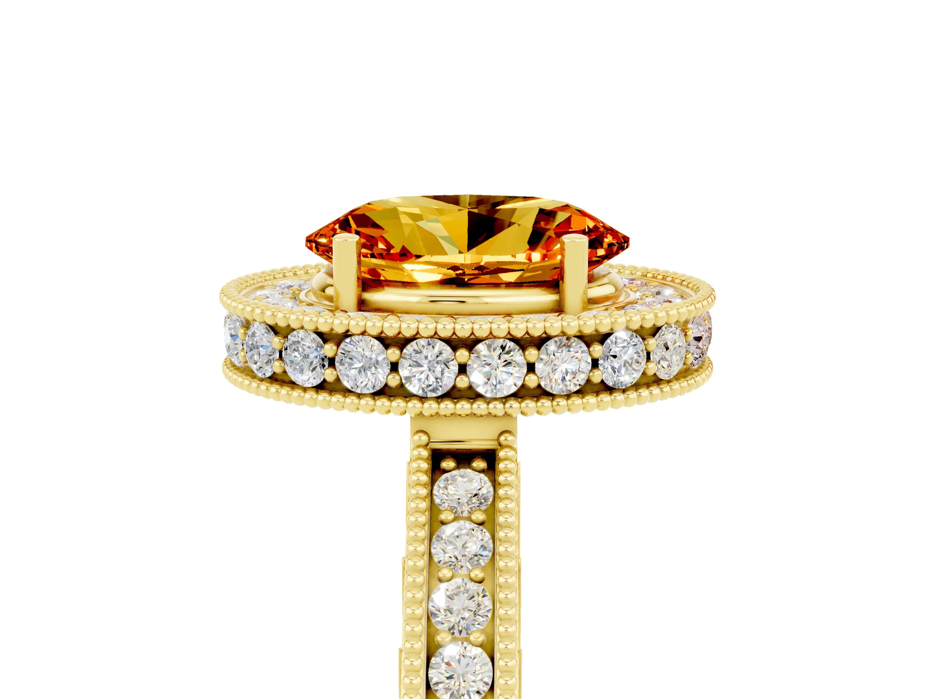 Yellow gold Oval Cut Halo Diamond Engagement Ring with Milgrain Pave Band and Four-Prong Setting_5