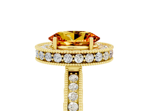 Yellow gold Oval Cut Halo Diamond Engagement Ring with Milgrain Pave Band and Four-Prong Setting_5
