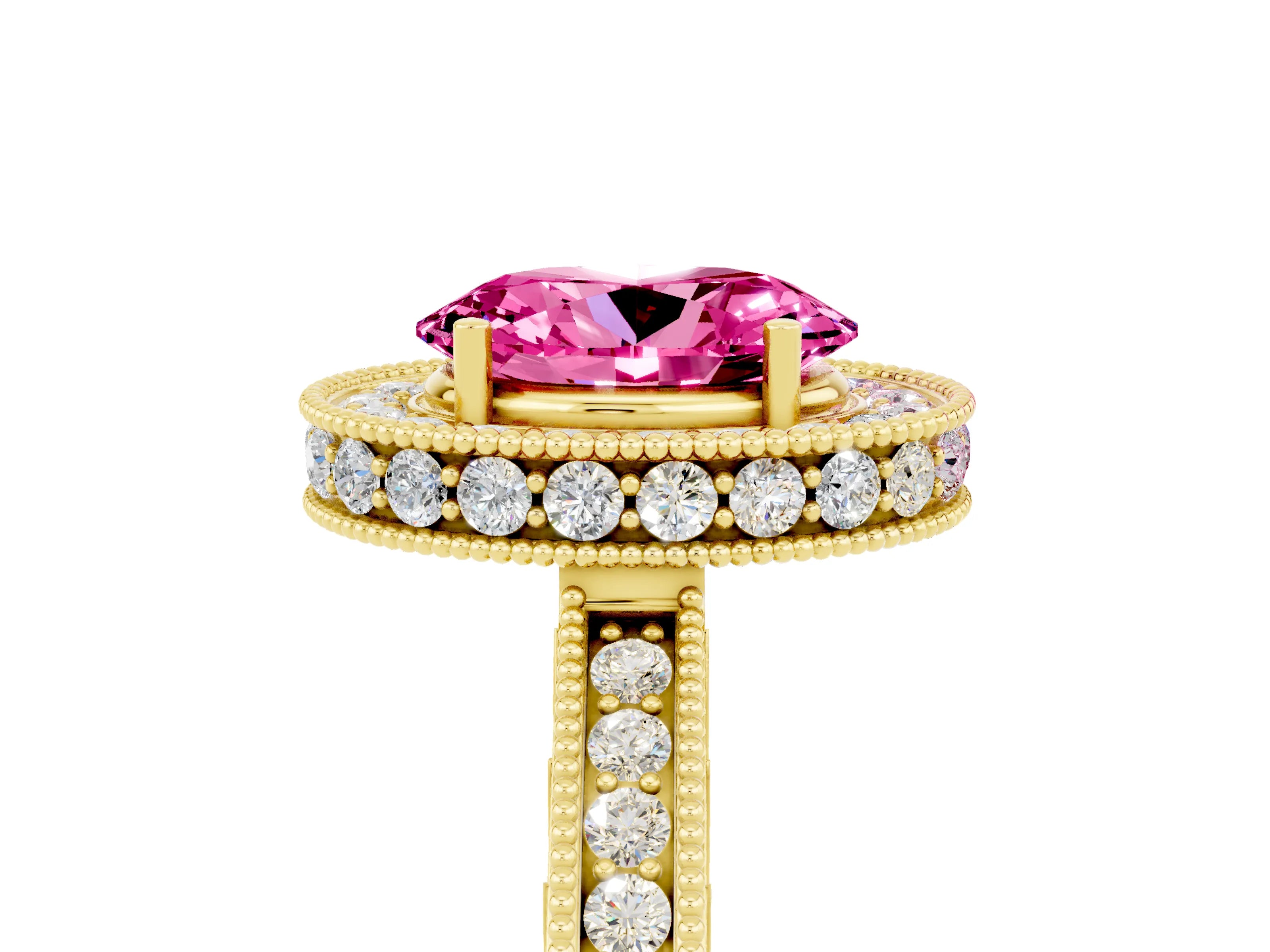 Yellow gold Oval Cut Halo Diamond Engagement Ring with Milgrain Pave Band and Four-Prong Setting_5