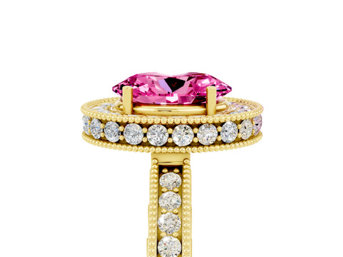 Yellow gold Oval Cut Halo Diamond Engagement Ring with Milgrain Pave Band and Four-Prong Setting_5