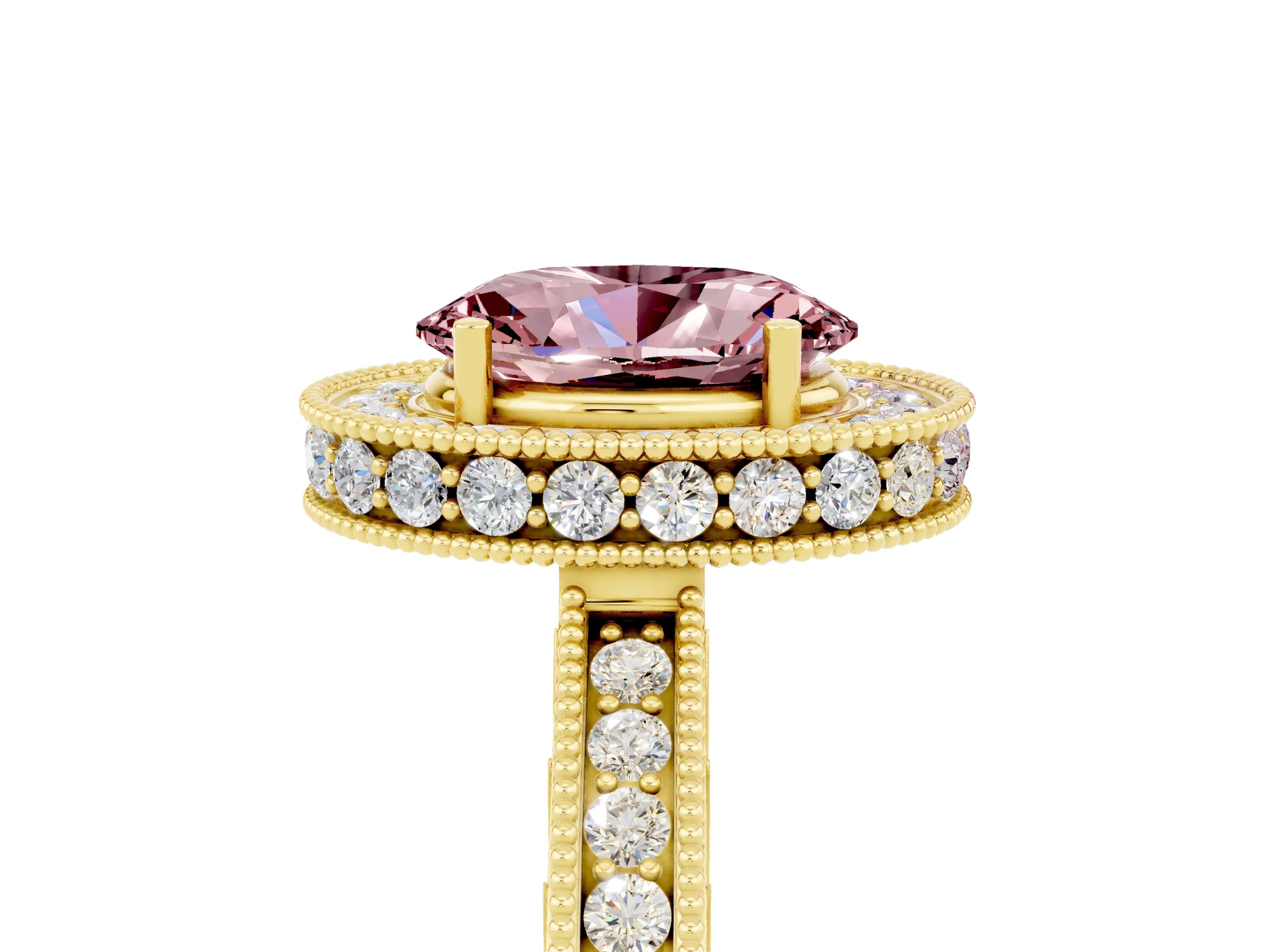 Yellow gold Oval Cut Halo Diamond Engagement Ring with Milgrain Pave Band and Four-Prong Setting_5