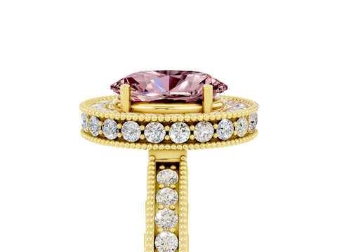 Yellow gold Oval Cut Halo Diamond Engagement Ring with Milgrain Pave Band and Four-Prong Setting_5