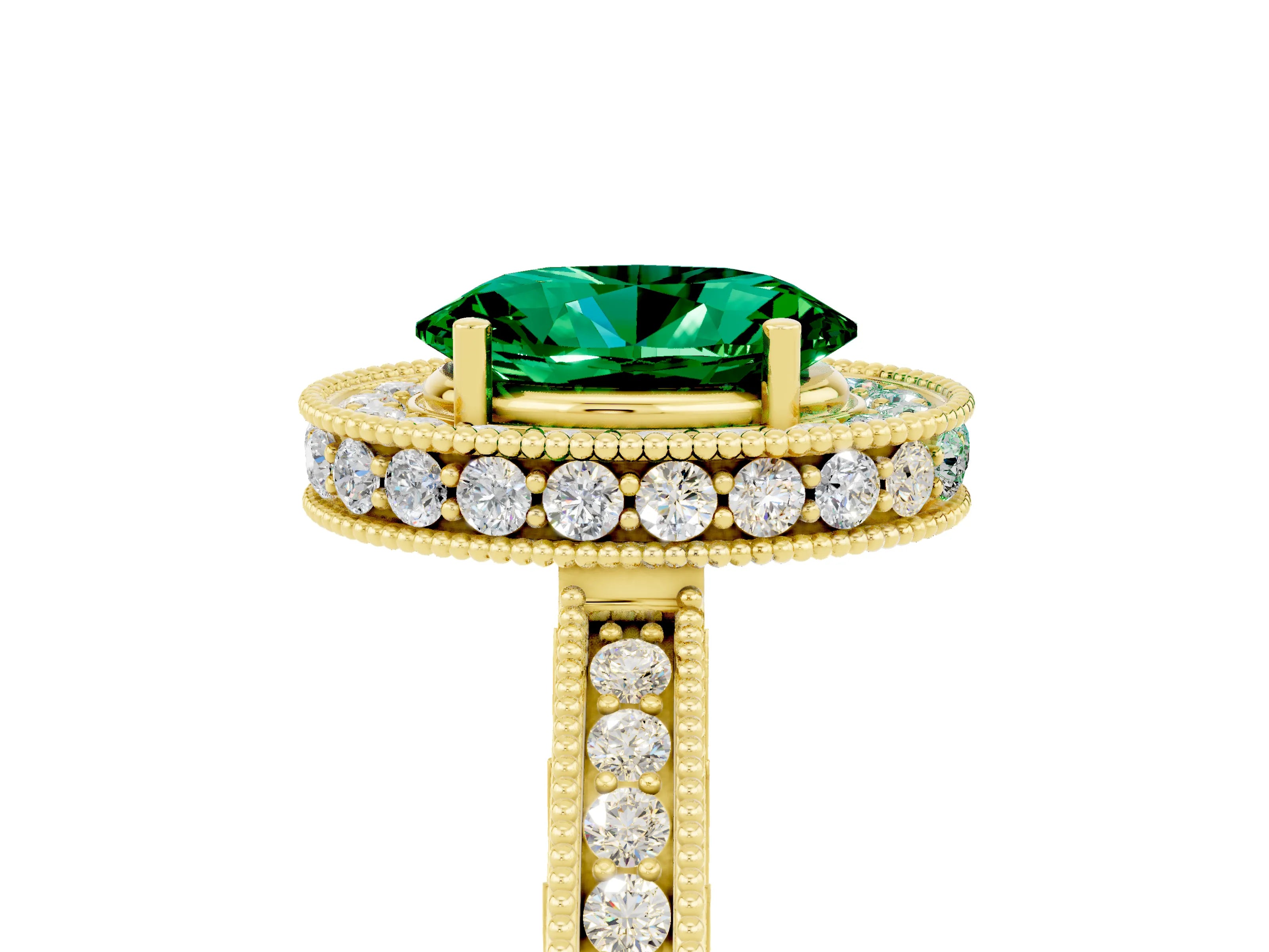 Yellow gold Oval Cut Halo Diamond Engagement Ring with Milgrain Pave Band and Four-Prong Setting_5
