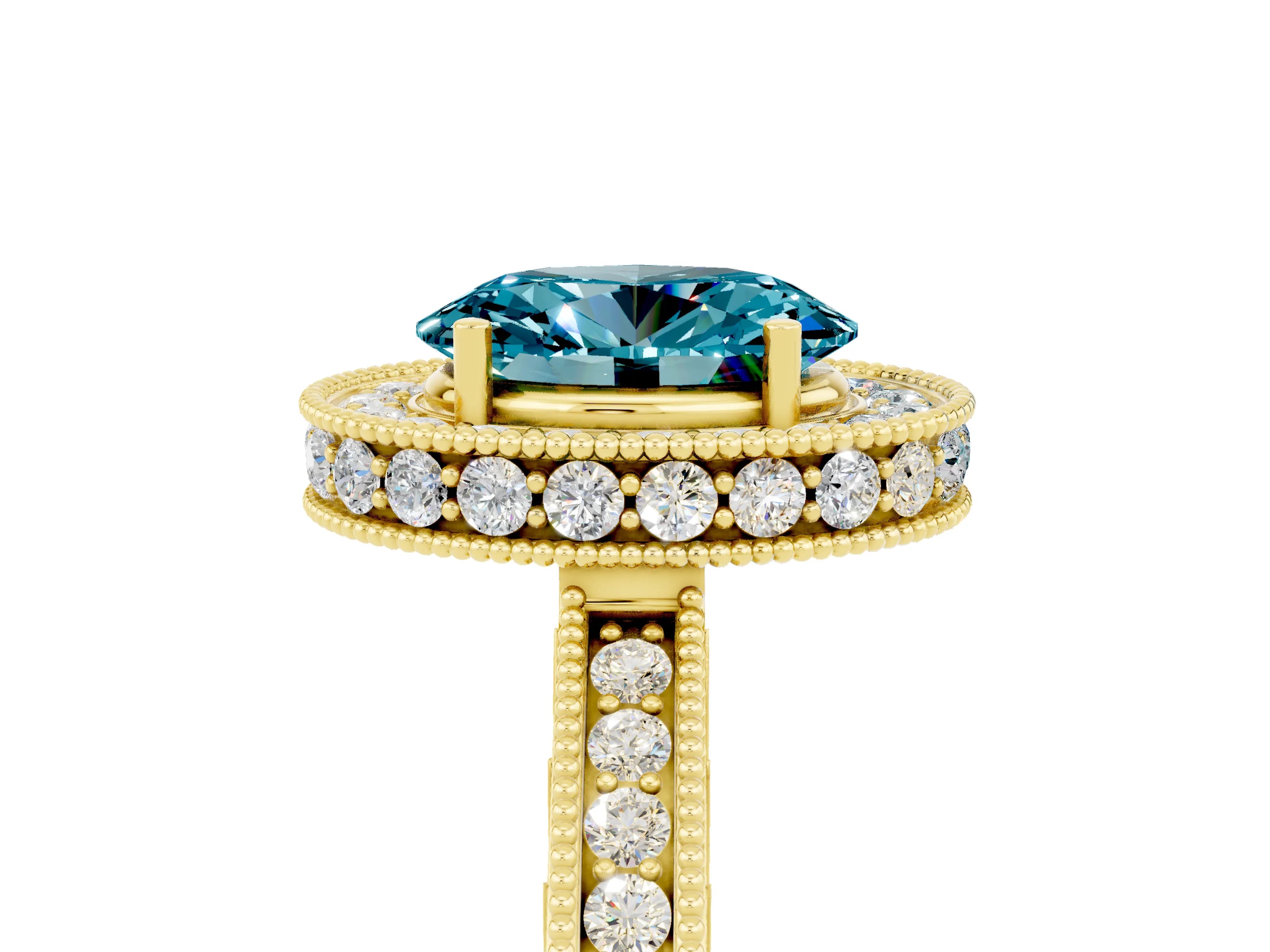 Yellow gold Oval Cut Halo Diamond Engagement Ring with Milgrain Pave Band and Four-Prong Setting_5
