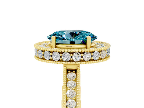 Yellow gold Oval Cut Halo Diamond Engagement Ring with Milgrain Pave Band and Four-Prong Setting_5