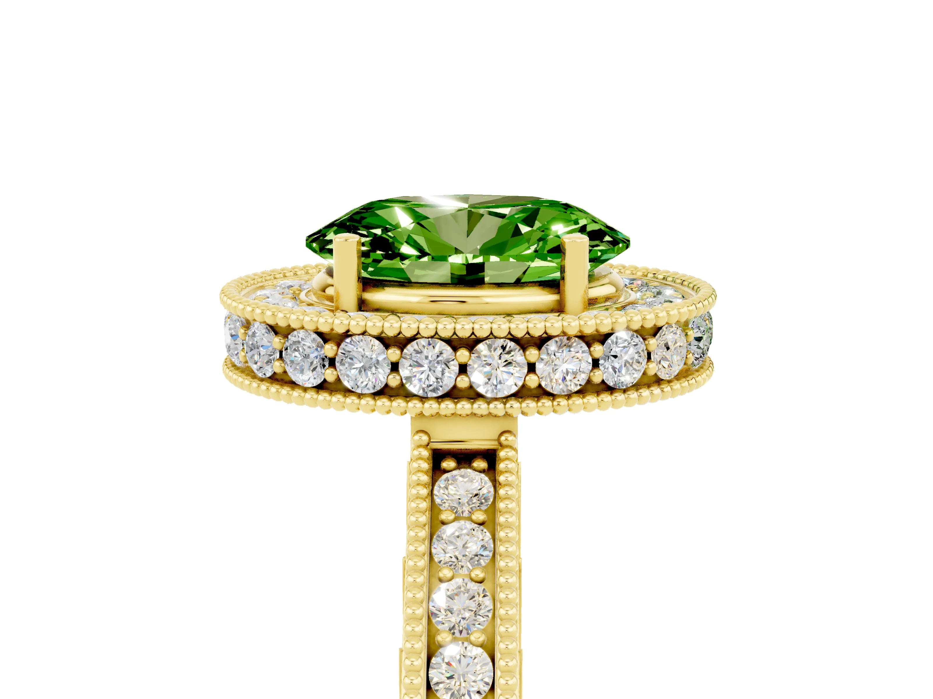 Yellow gold Oval Cut Halo Diamond Engagement Ring with Milgrain Pave Band and Four-Prong Setting_5