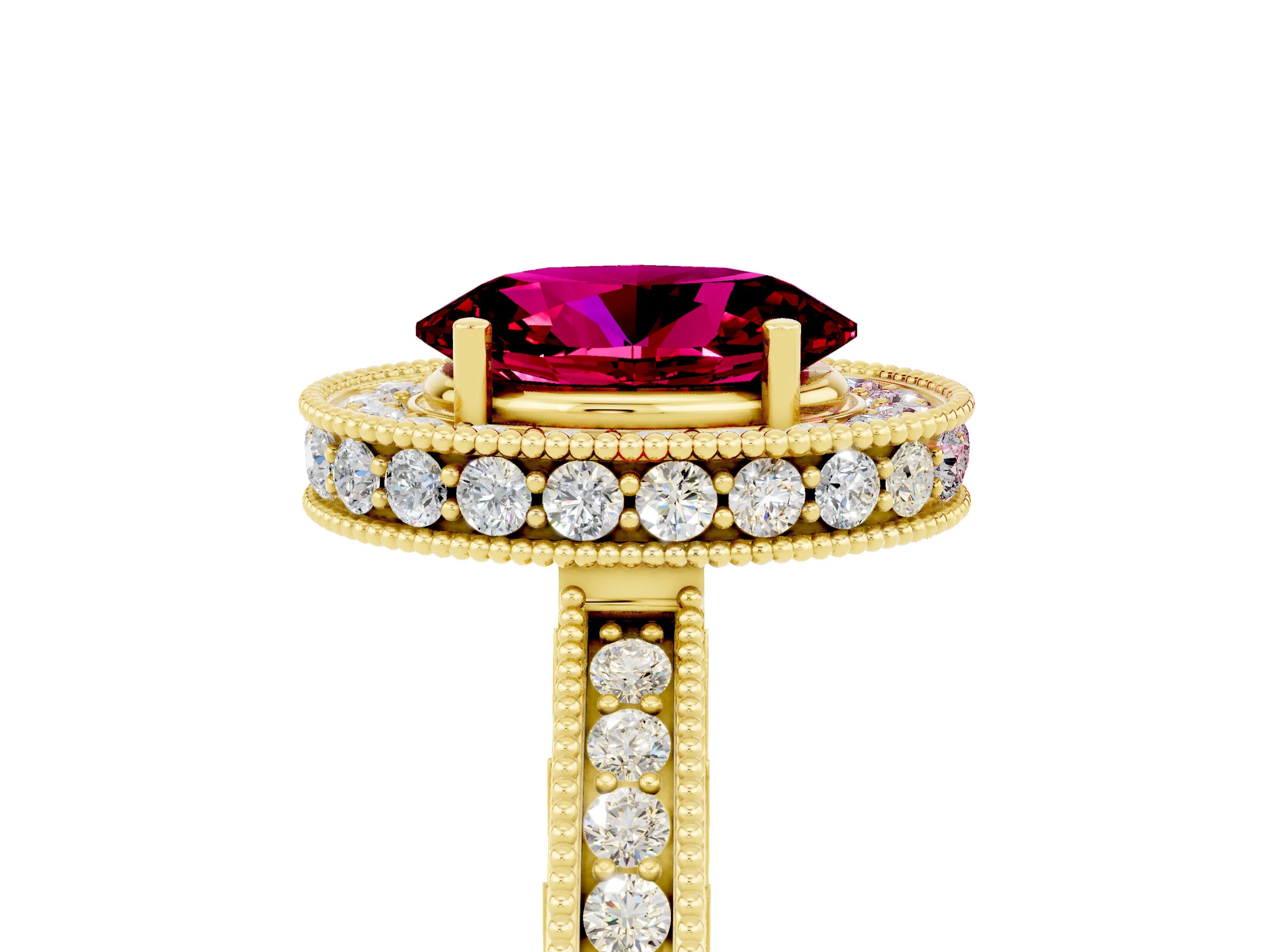 Yellow gold Oval Cut Halo Diamond Engagement Ring with Milgrain Pave Band and Four-Prong Setting_5