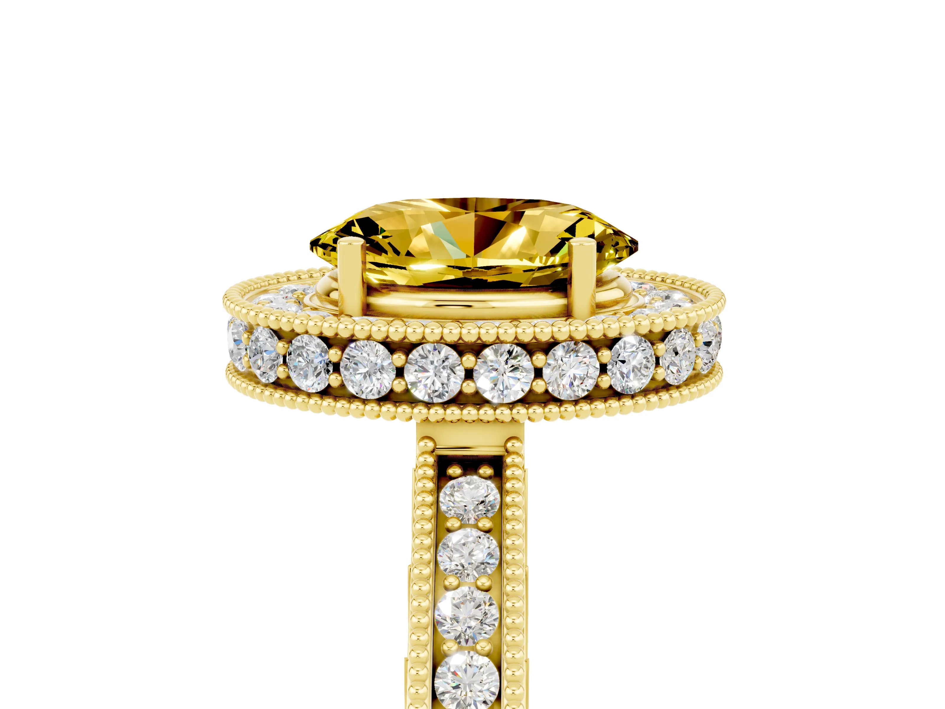 Yellow gold Oval Cut Halo Diamond Engagement Ring with Milgrain Pave Band and Four-Prong Setting_5