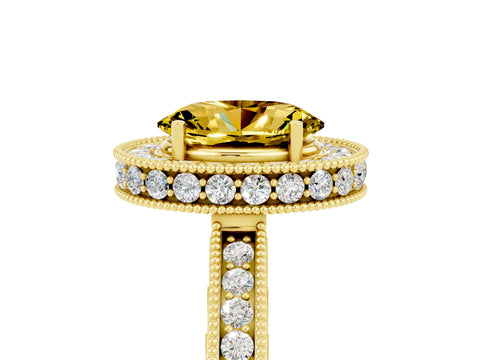 Yellow gold Oval Cut Halo Diamond Engagement Ring with Milgrain Pave Band and Four-Prong Setting_5