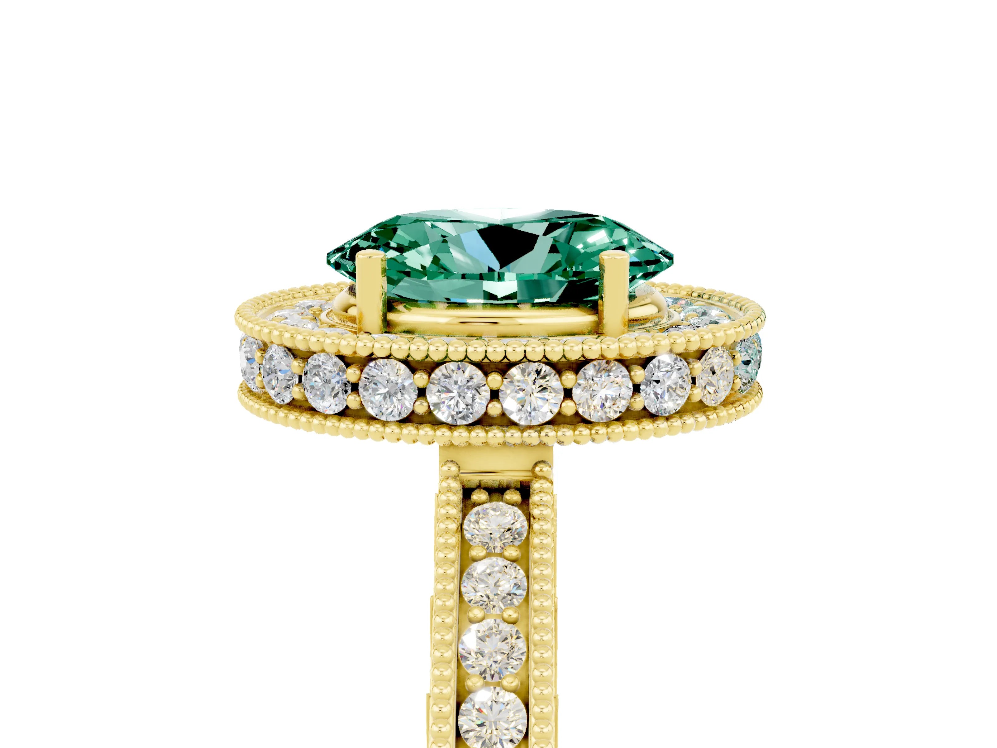 Yellow gold Oval Cut Halo Diamond Engagement Ring with Milgrain Pave Band and Four-Prong Setting_5