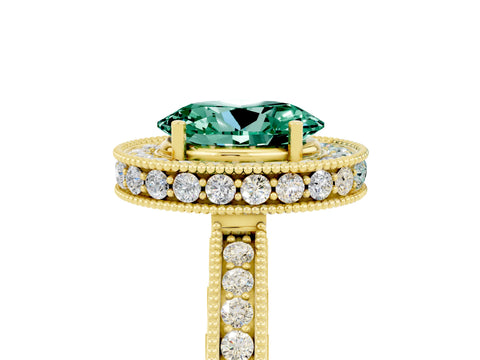 Yellow gold Oval Cut Halo Diamond Engagement Ring with Milgrain Pave Band and Four-Prong Setting_5