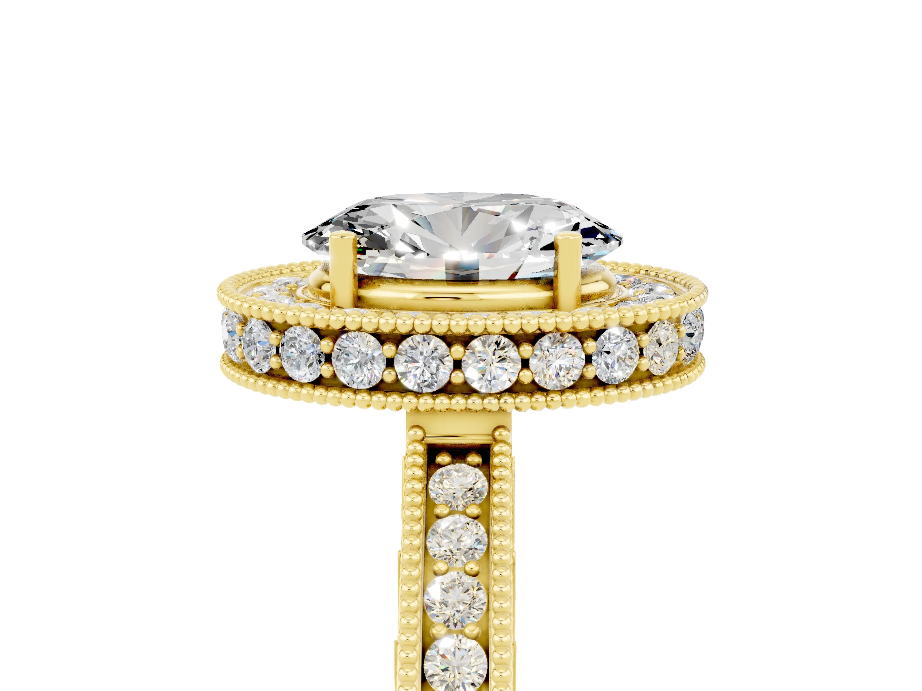 Yellow gold Oval Cut Halo Diamond Engagement Ring with Milgrain Pave Band and Four-Prong Setting_5