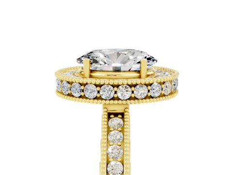 Yellow gold Oval Cut Halo Diamond Engagement Ring with Milgrain Pave Band and Four-Prong Setting_5