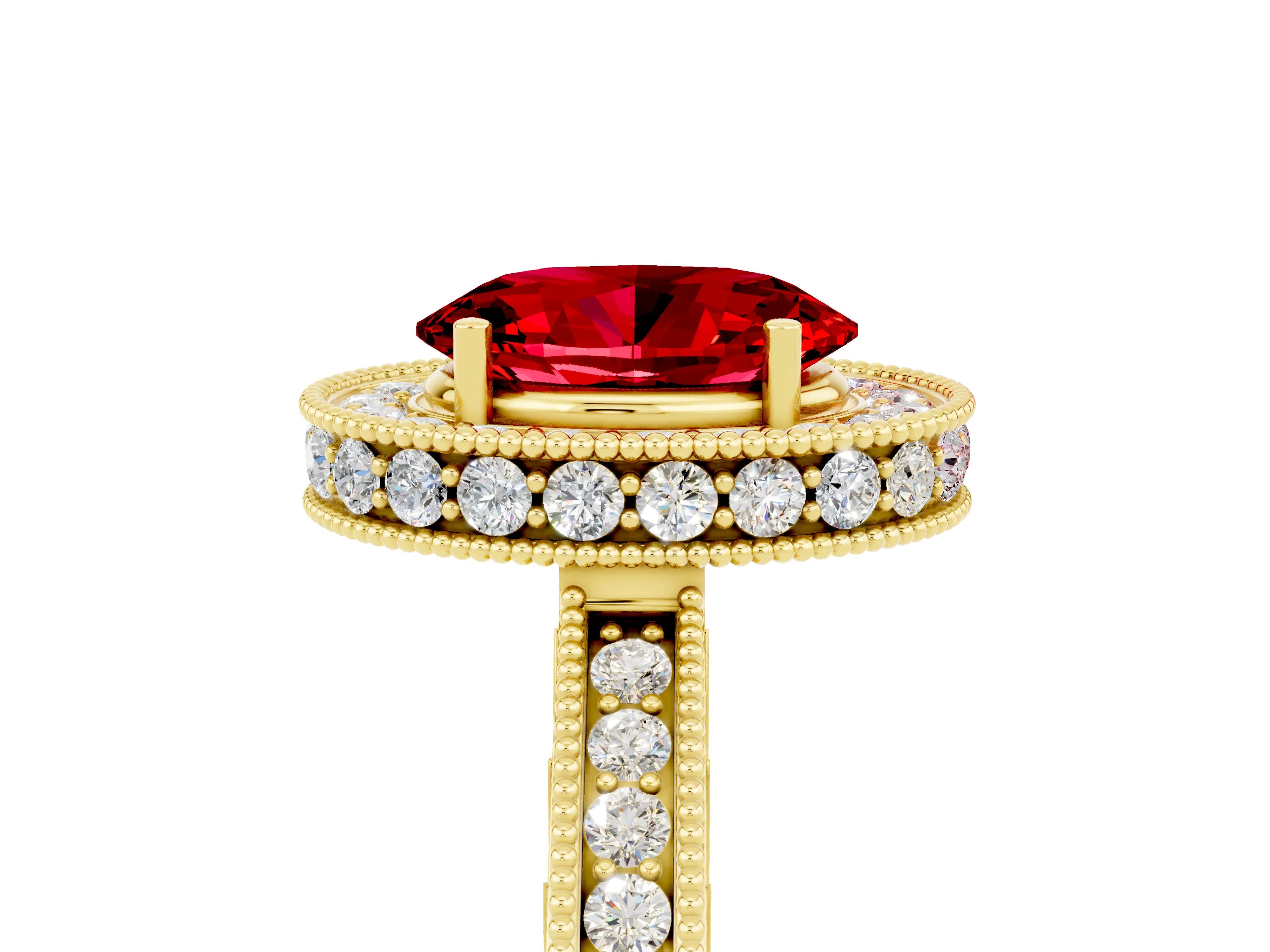 Yellow gold Oval Cut Halo Diamond Engagement Ring with Milgrain Pave Band and Four-Prong Setting_5