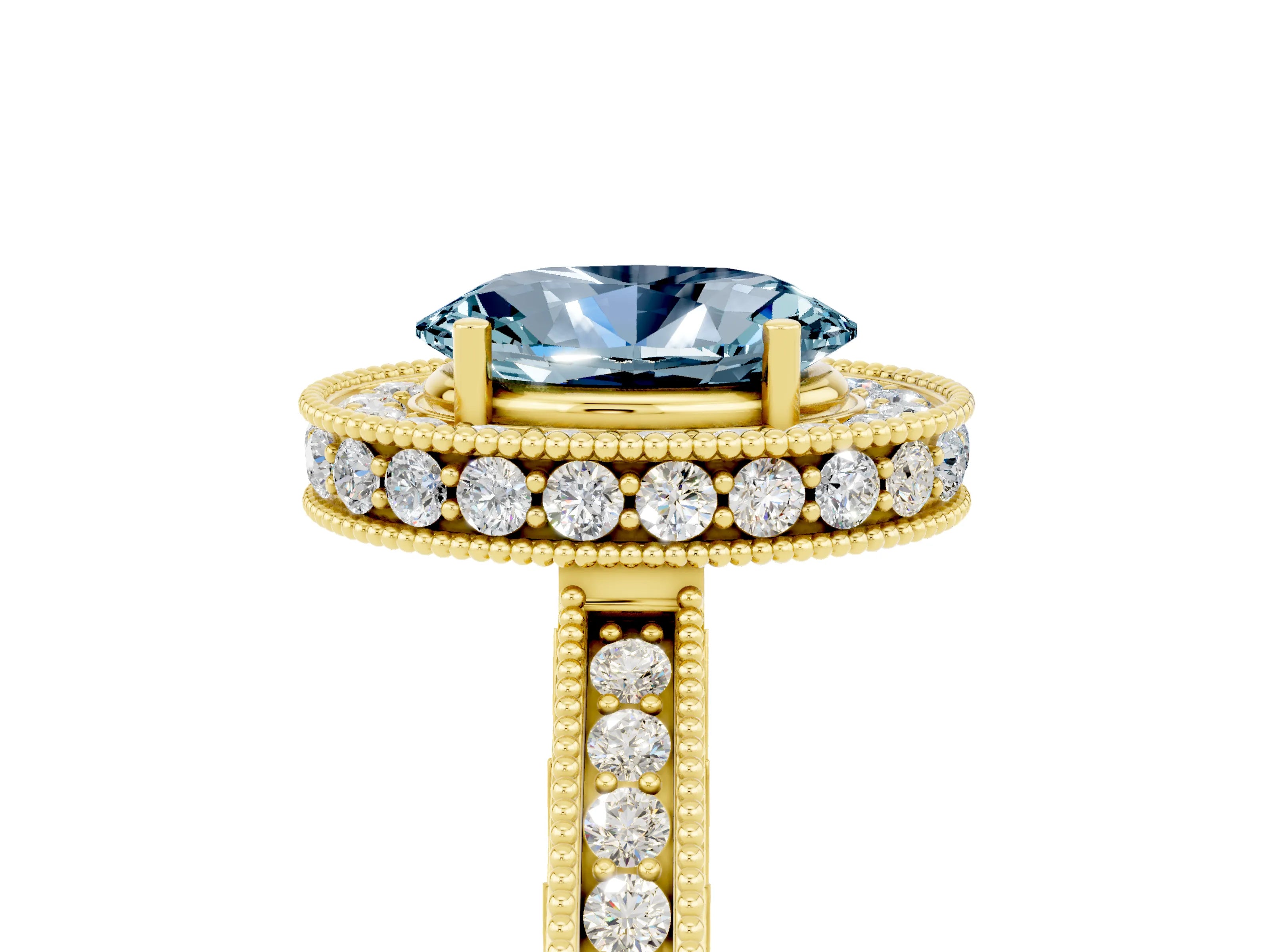 Yellow gold Oval Cut Halo Diamond Engagement Ring with Milgrain Pave Band and Four-Prong Setting_5
