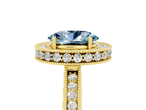 Yellow gold Oval Cut Halo Diamond Engagement Ring with Milgrain Pave Band and Four-Prong Setting_5