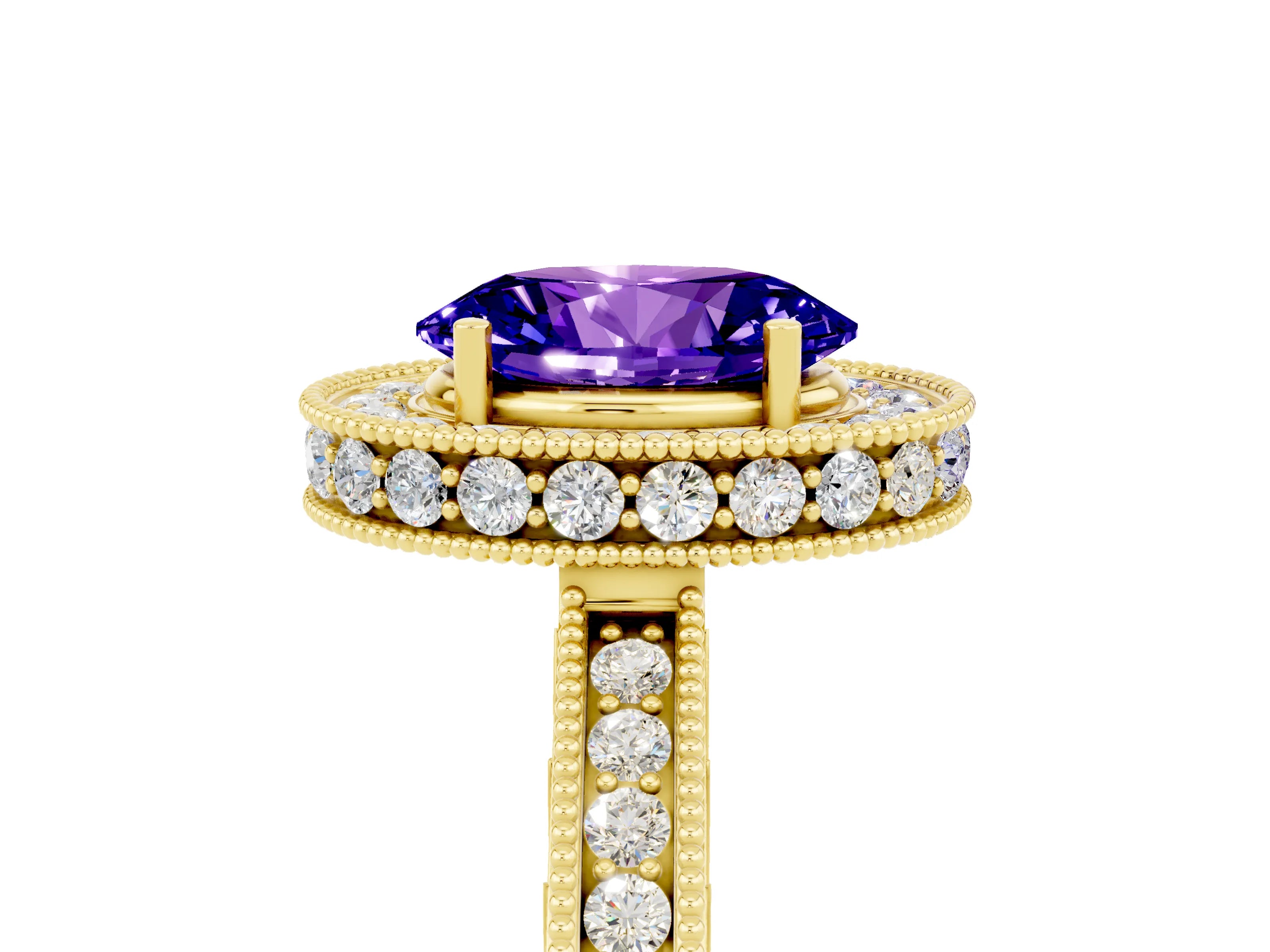 Yellow gold Oval Cut Halo Diamond Engagement Ring with Milgrain Pave Band and Four-Prong Setting_5