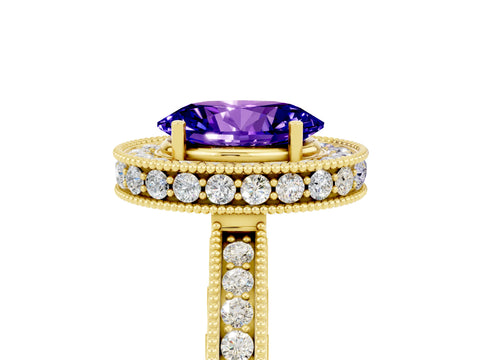 Yellow gold Oval Cut Halo Diamond Engagement Ring with Milgrain Pave Band and Four-Prong Setting_5