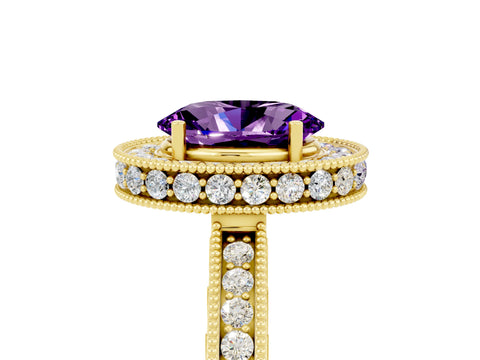 Yellow gold Oval Cut Halo Diamond Engagement Ring with Milgrain Pave Band and Four-Prong Setting_5