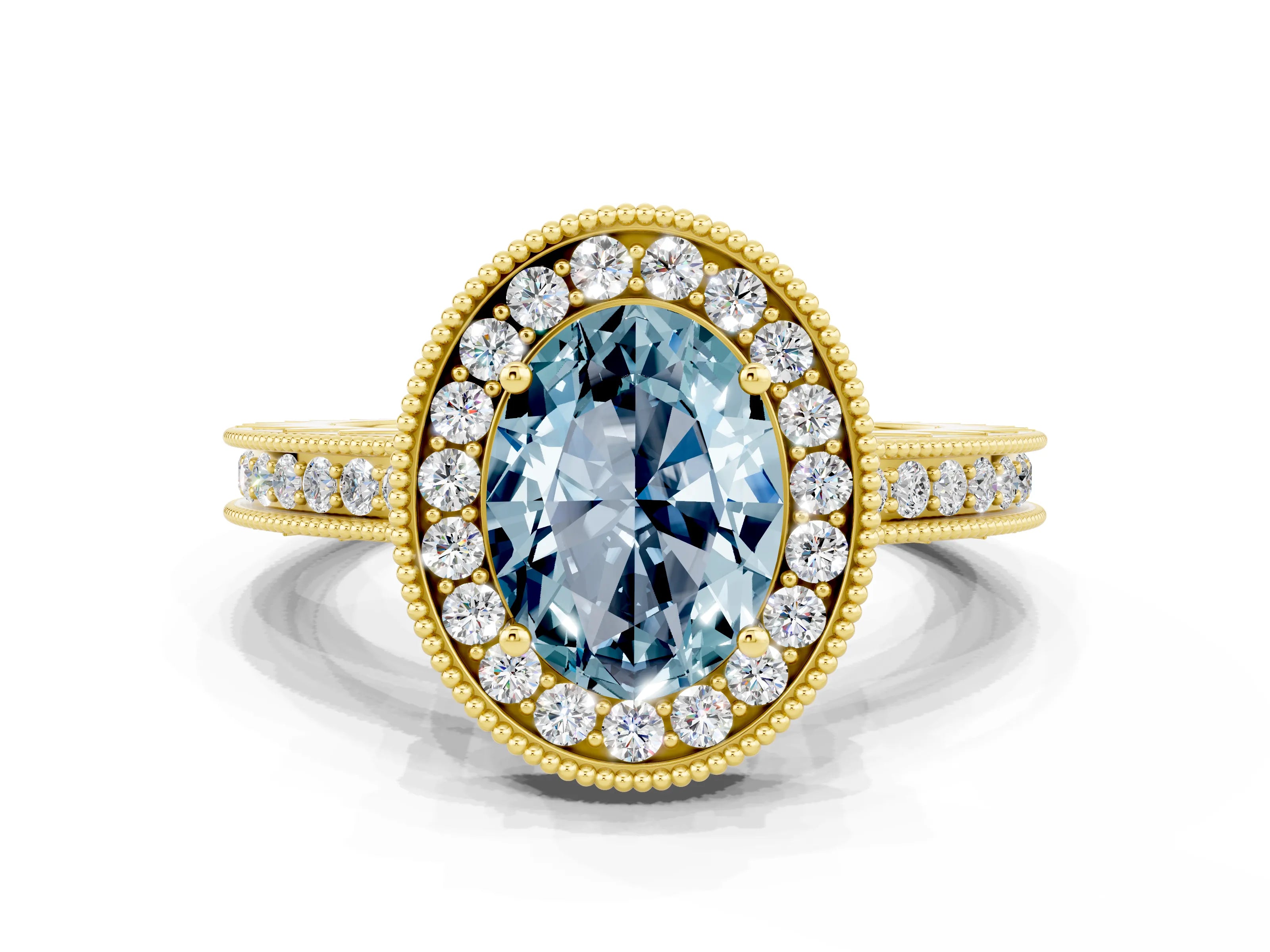 Yellow gold Oval Cut Halo Diamond Engagement Ring with Milgrain Pave Band and Four-Prong Setting