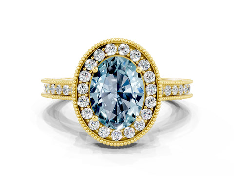Yellow gold Oval Cut Halo Diamond Engagement Ring with Milgrain Pave Band and Four-Prong Setting