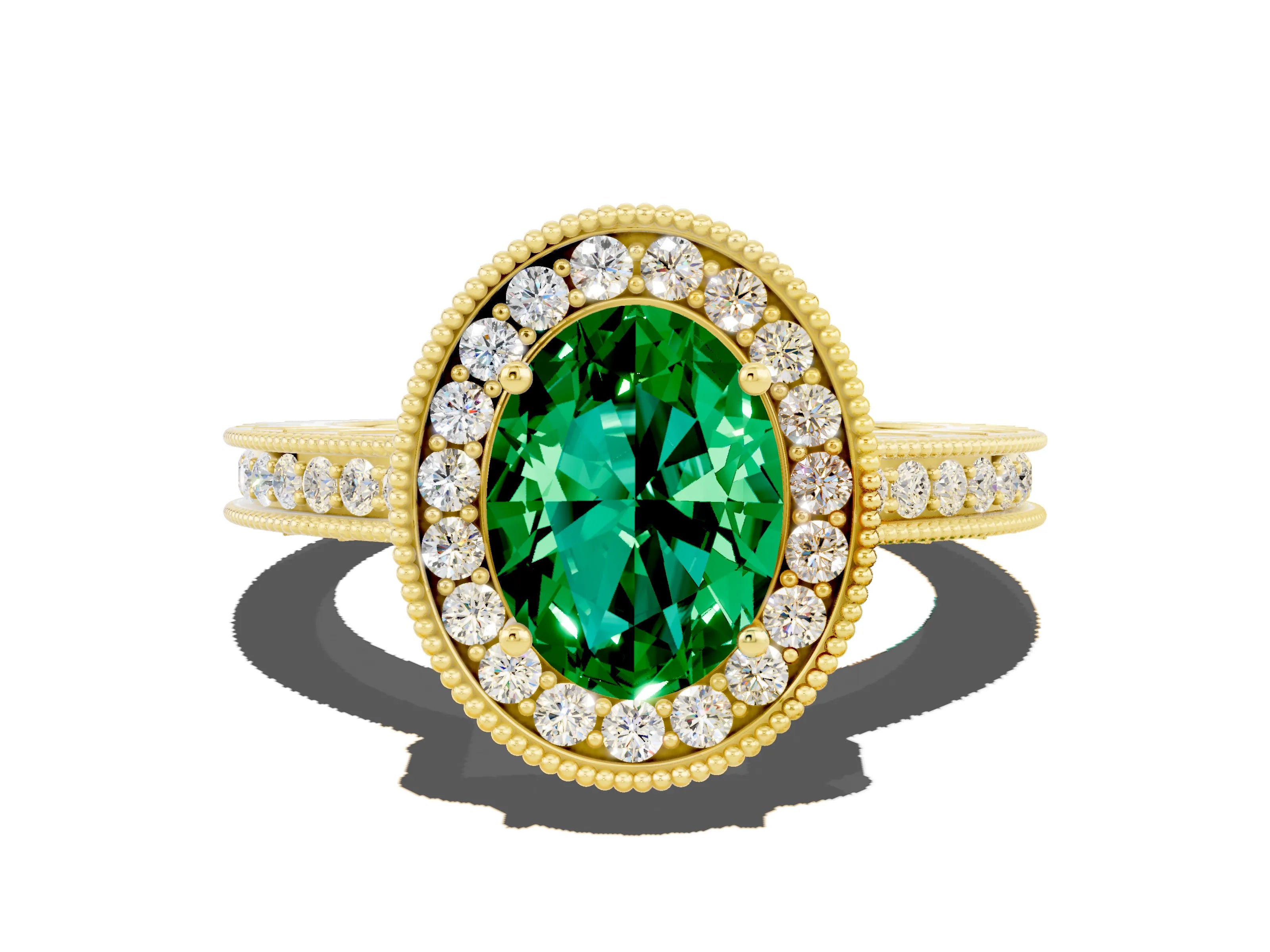 Yellow gold Oval Cut Halo Diamond Engagement Ring with Milgrain Pave Band and Four-Prong Setting