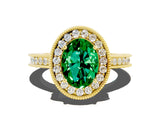 Yellow gold Oval Cut Halo Diamond Engagement Ring with Milgrain Pave Band and Four-Prong Setting