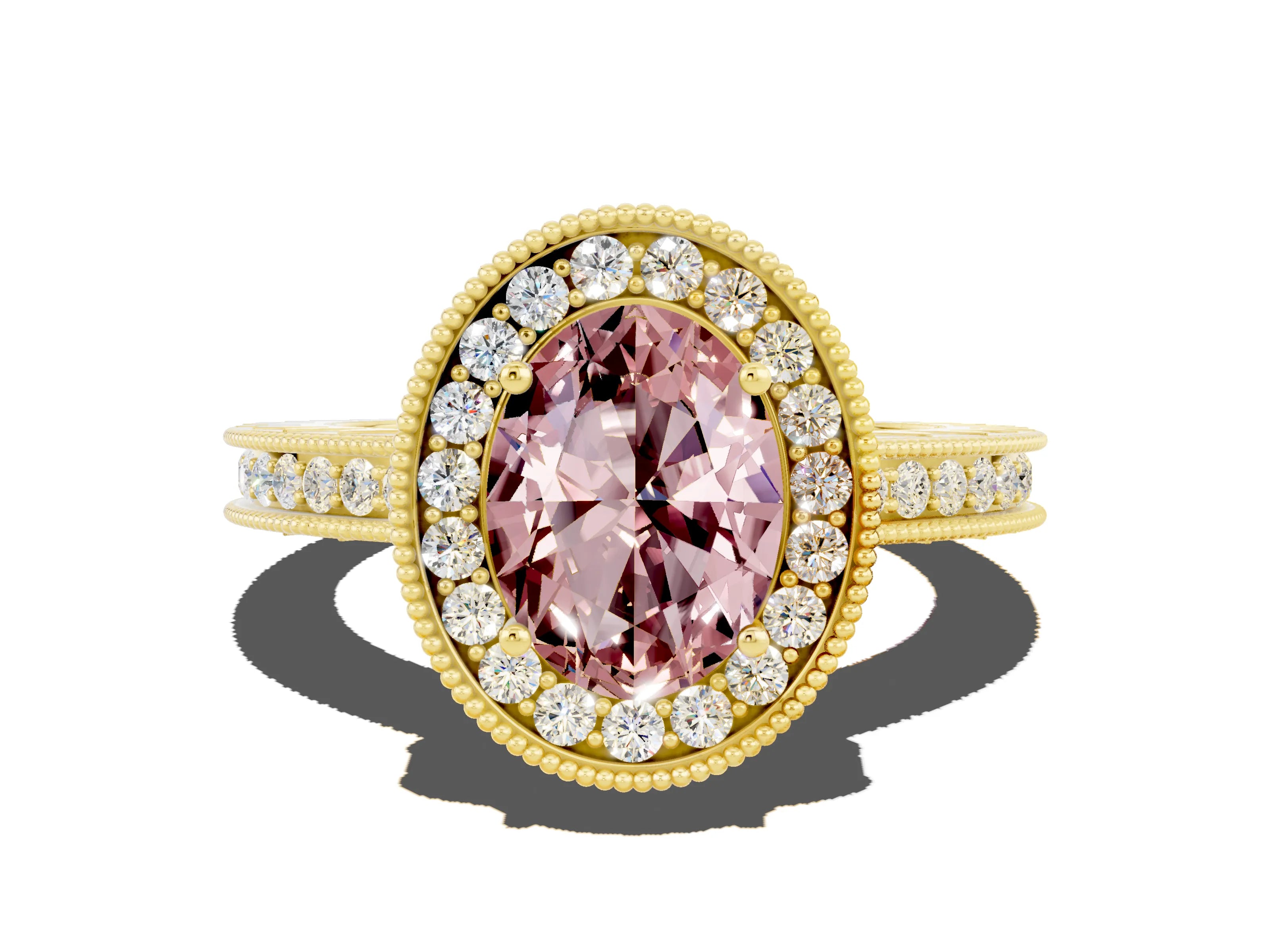 Yellow gold Oval Cut Halo Diamond Engagement Ring with Milgrain Pave Band and Four-Prong Setting