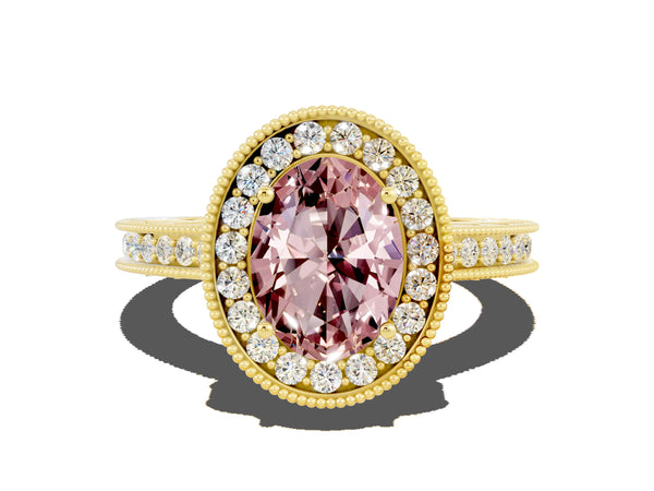 Yellow gold Oval Cut Halo Diamond Engagement Ring with Milgrain Pave Band and Four-Prong Setting