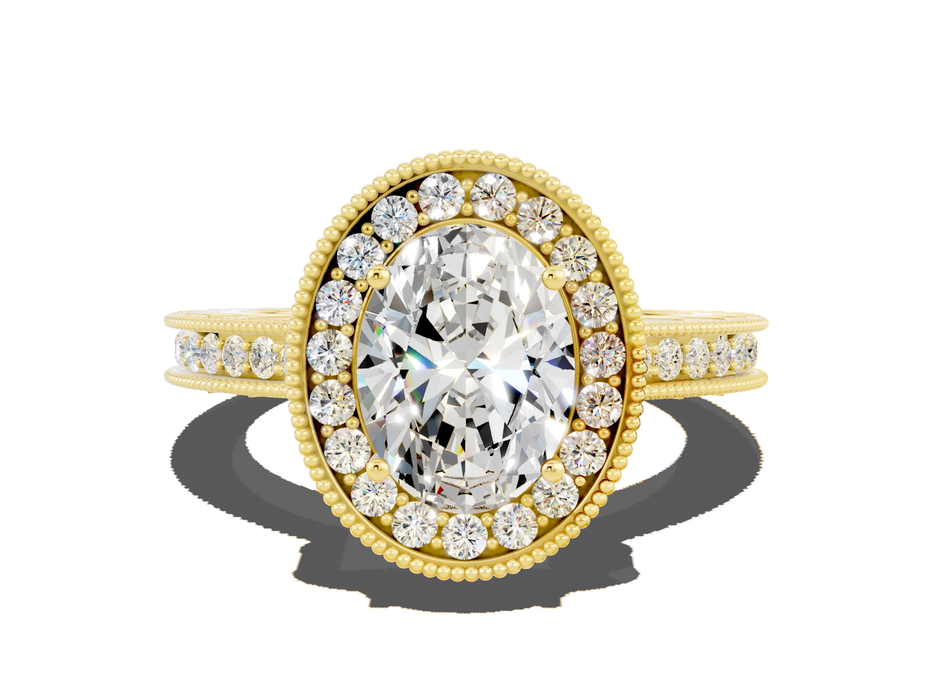 Yellow gold Oval Cut Halo Diamond Engagement Ring with Milgrain Pave Band and Four-Prong Setting