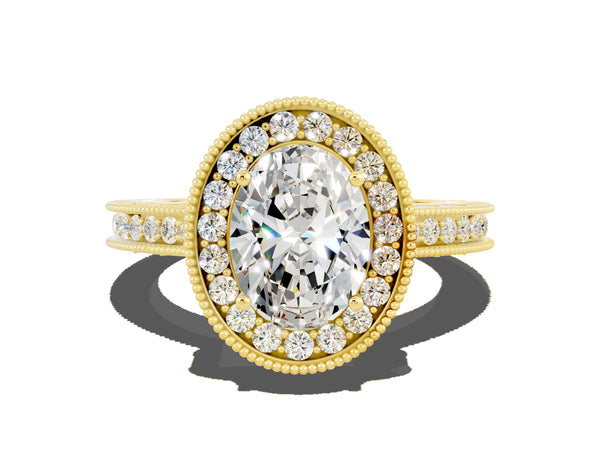 Yellow gold Oval Cut Halo Diamond Engagement Ring with Milgrain Pave Band and Four-Prong Setting