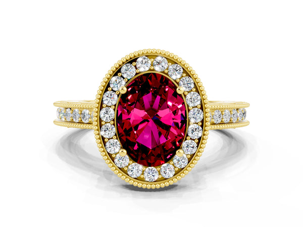 Yellow gold Oval Cut Halo Diamond Engagement Ring with Milgrain Pave Band and Four-Prong Setting